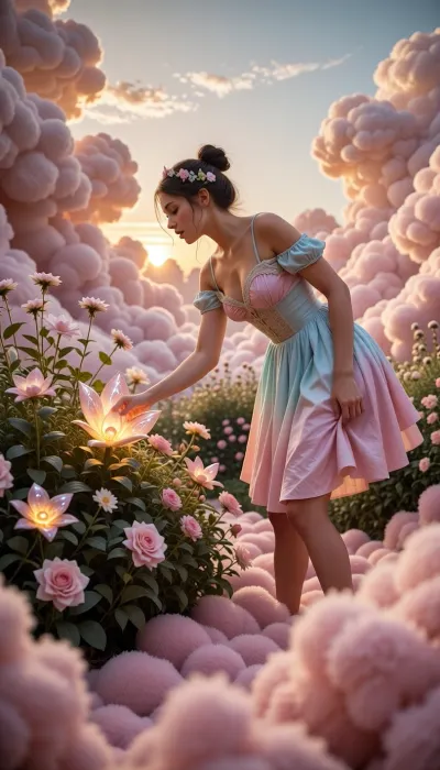 A beautiful woman in a pastel sun dress picking glowing fantasy flowers in a garden where the ground and bushes are made entirely of thick, fluffy pink and golden clouds. Soft sunrise lighting, dreamlike, ethereal fantasy.