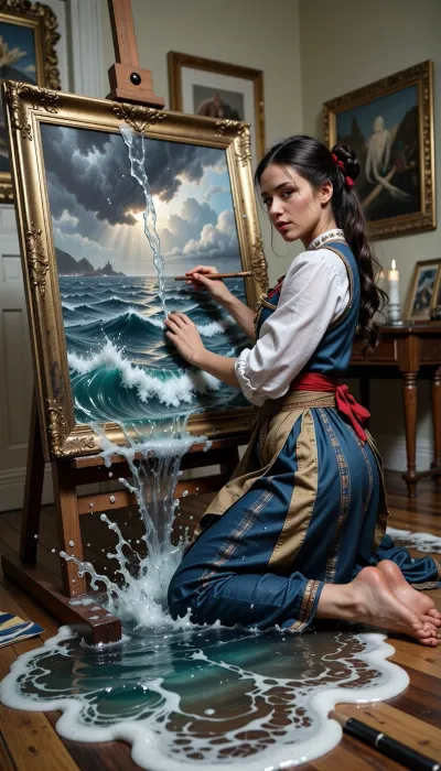 A beautiful female artist in a classic art studio painting a stormy ocean canvas. She is wearing a traditional painter’s outfit. Real ocean water and sea foam are physically spilling out from the frame of the painting onto the wooden floor. Magical realism, dynamic water simulation texture, highly detailed.