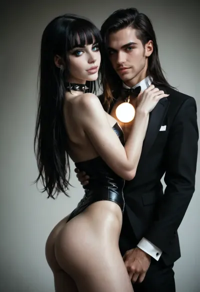 (score_9, score_8_up), masterpiece, (black tuxedo), focus on her flat male chest, (dutch angle, full sideview, showing ass), turning head slightly to viewer, male chest, defined broad shoulders, microwaist, goth, lusty, male cleavage, (gorgeous face with sharp jawline and thick lips, slightly open full lips, white lipstick, lip gloss, long eyelashes, perfect blue eyes), (straight black extra-long hair with full bangs), pale skin, sexy pose, (showing her long giant penis), (skindentation:1), spiked-choker, smile, ziprealism, huge malechest, <lora:Microwaist_XL_v01:.8>, <lora:dark:.8>
