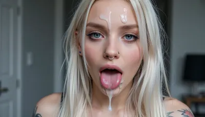 a tall skinny Dutch next door neighbor shy narrow faced whiteblonde girl has her mouth slightly open and completely full of cum, she can barely keep the massive amount of cum inside her mouth, cum on forehead and nose, cum in eyes, she is incredibly beautiful, she has a very cute narrow face, emo makeup and piercings, full body picture, Canon EOS 5D Mark II, kodak, photo, tattoo, pale, cold, lighting