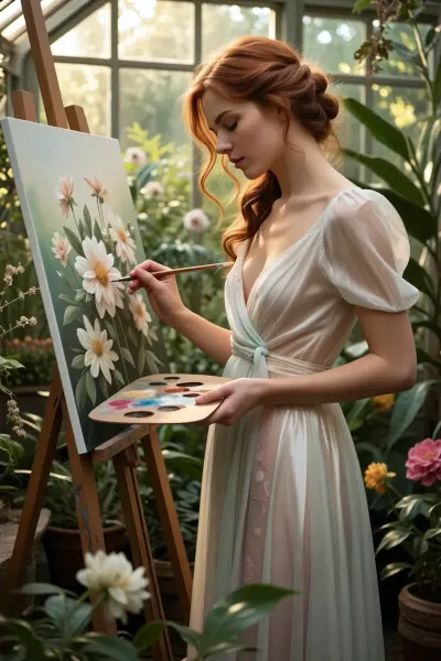 A masterpiece—a cinematic picture with many details in 8K image quality, A beautiful redhead woman embodying timeless elegance is painting a flower inside a lush greenhouse filled with vibrant greenery and delicate flowering plants. She is dressed in an elegant, flowing pastel-colored translucent white dress that drapes softly around her slender figure, exuding serenity and artistry. Her hair is styled in loose, romantic waves, framing her gentle, She carefully paints detailed flowers onto her canvas — her eyes closed in concentration — to capture the beauty of the flower. The woman's posture is poised yet natural, with one hand she hold a painting color palette while the other holds a fine brush, capturing the fine details of the blooming flower. The greenhouse is bathed in warm, dappled sunlight filtering through glass panels, creating a dreamy, luminous atmosphere. Surrounding her, various exotic plants and vibrant blossoms add rich textures and color contrasts, enhancing the scene’s lush, nurturing environment. The composition is a balanced close-up view that highlights the woman's artistic aura and the beauty of her gentle movements. The scene radiates tranquility, inspiration, and harmony with nature, styled in a romantic, impressionistic manner with soft lighting that emphasizes the delicate beauty and serenity of the moment.