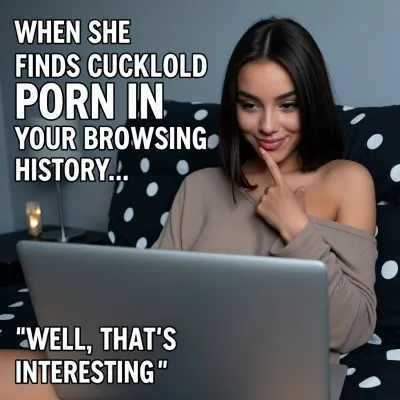 a young adult brunette woman sitting comfortably in bed, looking at a silver laptop with a mischievous, intrigued smile.
Description of the woman
She has shoulder-length dark brown hair styled with a deep side part, fair-to-medium skin, softly arched eyebrows, brown eyes, full lips and a rounded, feminine face.

She wears a loose-fitting, taupe-coloured, off-the-shoulder top that exposes one shoulder. Her head is tilted slightly downward toward the laptop, and she gently rests two fingers against her lower lip and chin, giving her a playful, curious and slightly scheming expression.
Setting and composition
The woman is sitting in a cosy bedroom, surrounded by dark bedding decorated with large white polka dots. A silver laptop occupies the centre foreground, partially concealing her torso.

The room has dim, cool-toned lighting with muted blue-grey walls and soft shadows. A small bedside lamp casts a subtle warm glow in the background.

The photograph is taken from a slightly elevated frontal angle, capturing her upper body, facial expression and laptop.

Large, bold, white uppercase lettering with thick black outlines.
Top left, WHEN SHE
FINDS CUCKOLD
PORN IN
YOUR BROWSING
HISTORY...

Bottom left, "WELL, THAT'S
INTERESTING"