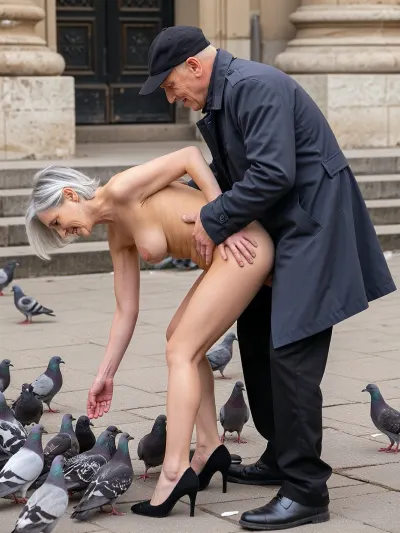 (A 90-year-old woman:1.8), . Her skin is wrinkled. The old lady has gray hair, (small, long, very sagging breasts:1.8), (very detailed skin), . Hair cut in a bob., (Very detailed skin), . An old, wrinkled woman, she is completely naked and wearing black high heels., ((perfect body)), seductive smile, ((high detailed skin)), high quality, detailed skin texture, (highly detailed hair), sharp body, (belly bulge:.8), highly detailed body, (realistic body), ((messy hair like she just got fucked)), insanely detailed, highest quality, Pandeism, mmf, threesome, standing, sex, suspended, congress, boy, sandwich, dp, creampie, multiple, penises, from, behind, anal, masterpiece, best quality, an elderly man wearing a dark grey trench coat, black pants, and a dark cap, bending over to feed a flock of pigeons on a stone-paved square, natural sunlight, soft shadows, outdoor urban setting, old stone steps in the background, realistic photography, highly detailed textures of fabric and feathers, sharp focus, 8k resolution