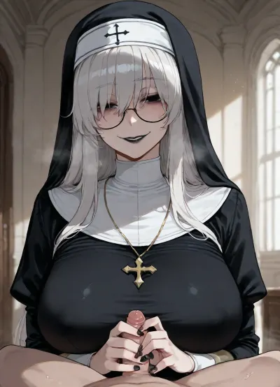 (Ratatatat74), (nun, (large round glasses), white hair, hair over eyes, dull lifeless eyes, cold black eyes, gloomy eyes, eye bags, black lipstick, sly smile, large breasts), pov, teasing handjob, micropenis, <lora:ratatatat74-000050:2>