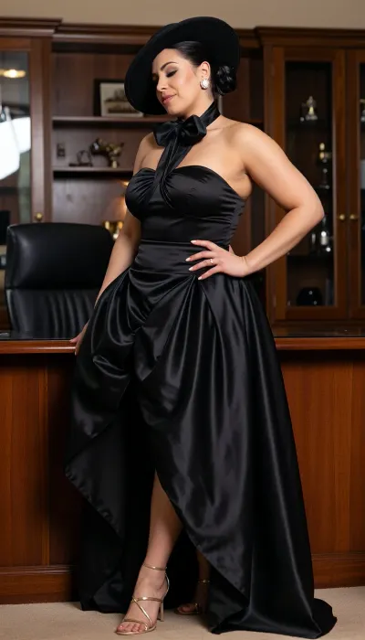 TULSA55201, a 42yo Mediterranean adult female with warm olive skin and a thick, curvy endomorph frame, stands in a luxury mahogany office. She is the picture of sophistication, wearing a structured black satin halter dress with a large neck bow and a wide A-line skirt that flows over her curves. She wears a black wide-brimmed hat and clover-shaped pearl earrings. Her jet black hair is pulled into a tight, polished bun at the vertex of her head. She stands gracefully, one hand resting on her hip, a serene and elegant half-smile on her full lips. Gold strappy high heels elevate her stature. Soft, high-fashion studio lighting highlights the shimmering sheen of the satin and the smooth texture of her olive skin. 8k resolution, photorealistic, sharp focus, cinematic composition.