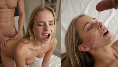 Diptych image. Left panel, A young blonde woman with fair skin and a silver chain necklace, eyes closed, mouth wide open in an ecstatic expression, on all fours with her back arched. A man's bare torso and arms are behind her, hands on her back. Right panel, The same woman, head tilted back, her face covered in cum. A male penis is visible at the top of the frame, ejaculating a stream of white liquid onto her face. She has a small nose piercing.

The left scene is set in an indoor room with a light-colored wall and a framed picture. The right scene is against a white bedsheet.

Both scenes are illuminated by soft, warm, diffused lighting, emphasizing natural skin tones and a slightly desaturated color palette.

The left panel is a medium close-up, slightly low angle, focusing on her face and upper body. The right panel is a close-up, profile view of her face, with the male organ positioned at the top of the frame.

Realistic, candid, and explicit style, with a raw, sensual, and intense mood, resembling a high-resolution video still. Sharp focus on subjects, natural color grading.
