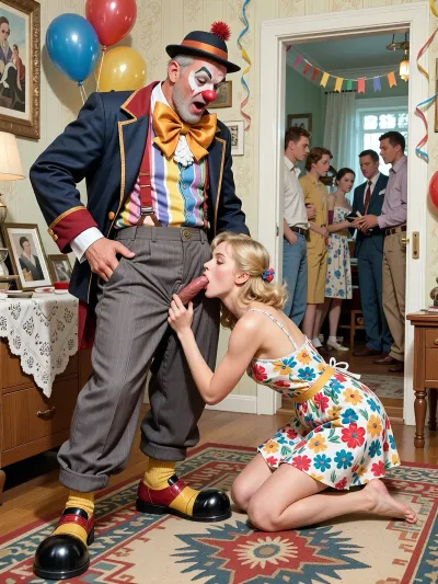 This is a detailed a classical illustrative style depicts a scene set in USSR in 1950s, in the living room of a Soviet apartment, in the immediate foreground, is a detailed male clown—50 years old—wearing a full clown costume, complete with oversized shoes, trousers, a jacket, suspenders, a colorful shirt, an exaggeratedly large bow tie, a red nose, and a tiny hat. He is receiving oral sex from a sweet, blonde neighbor girl. The cute girl is kneeling before the clown with his trousers unzipped, taking his erect penis deep into her mouth. She wears a lovely summer dress with a colorful floral print and thin straps, she has a delicate, slender build and a very flat chest. Because they are positioned prominently in the extreme foreground, both the girl and the clown are rendered in high detail, capturing nuanced facial expressions and intricate textures of fabric and skin. her family photos are on the bedside table.A private party decorated with balloons, streamers, with many neighbors can be seen in the background through the open door.retro, full body view. The overall mood is intense, rendered in fine, expressive line work and subtle shading, evoking the style of 1950s satirical or moralistic illustrations.