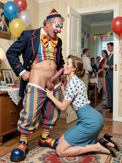 This is a detailed a classical illustrative style depicts a scene set in USSR in 1950s, in the living room of a Soviet apartment, in the immediate foreground, is a detailed male clown—50 years old With a mocking laugh—wearing a full clown costume, complete with oversized shoes, unbuttoned clown's trousers, a jacket, suspenders, a colorful shirt, an exaggeratedly large bow tie, a red nose, and a tiny hat.his thick cock and his hairy balls are visible, He is receiving oral sex from a very beautiful Russian curvy married woman 40 years old noble light-brown elegant hairstyle. slender, wide hips, elicate noble facial features, The beautiful Russian married woman is kneeling before the clown with his clown's trousers unzipped, taking his erect penis deep into her mouth. She wears a in blue skirt a skirt, unbuttoned and open polka dot blouse . Because they are positioned prominently in the extreme foreground, both the woman and the clown are rendered in high detail, capturing nuanced facial expressions and intricate textures of fabric and skin. her family photos are on the bedside table.A private party decorated with balloons, streamers, with many neighbors can be seen in the background through the open door.retro, full body view. The overall mood is intense, rendered in fine, expressive line work and subtle shading, evoking the style of 1950s satirical or moralistic illustrations.