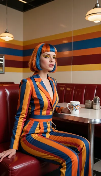 A wide cinematic shot of a stunning woman sitting in a retro-futuristic cafe. The entire environment is structured in bold, sweeping lines of color, stripes of deep mustard yellow, burnt orange, royal blue, and rich crimson run continuously across the walls, the vinyl booths, the tables, and the ceramic cups. The woman’s hair is styled in matching stripes of orange and blue, her bold graphic eyeliner uses the exact mustard yellow, and her chic tailored jumpsuit follows the same multi-colored geometric pattern. Vivid and enhanced tones, authentic analog film texture, high contrast but zero digital oversaturation.