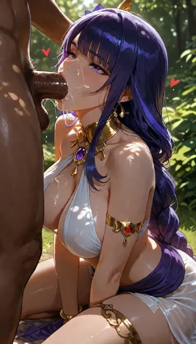 Raiden from Genshin Impact, dancer girl, female dancer outfit. Silk skirt. Very aesthetic. Gold accessories . Jewelry, medium breasts, kneeling in a sunny grassy field, viewed from the side, engaged in a rough deepthroat, a large man's cock is deep in her throat, drool and saliva dripping from her mouth and down his shaft, wearing torn blue and white outfit, bright outdoor lighting, anime style, detailed anatomy, blushed cheeks، Masterpiece, ultra high quality, high resolution, hyper detailed, heart shapes masterpiece, best quality, ultra-detailed, photorealistic, RAW photo, 8k, professional photography., cum on face, cum between tits, facial cumshot. _____The background is vibrant with a beautiful bokeh effect of green foliage and bright red dahlia flowers. The lighting is soft, diffused, and natural, creating a gentle and intimate atmosphere. Shot on a Canon EOS R5 with an 85mm f/1.2 lens, shallow depth of field, sharp focus on her face and bare breasts., flowers around, (dappled light, dappled sunlight), <lora:attractive_notrigger:.9>, <lora:dark:1.1>, <lora:SDXL Detail:1.8>, <lora:BUT_SDXL_SHS:1>, <lora:LCMTurboMix_Euler_A_fix:.9>