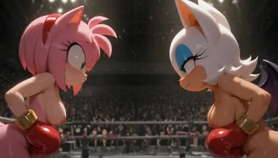 Amy Rose And Rouge the bat from the Sonic the hedgehog, 2 anthro, (Amy Rose and Rouge the bat very accurate faces), (Rouge the bat have her wings), Amy Rose beatiful small body, Rouge the bat beatiful body, They both are completely nude, in a empty boxing ring, Amy Rose and Rouge the bat are wearing red boxing gloves, Amy Rose and Rouge the bat are fighting against eachother, serious faces, side view, (view from down to up), masterpiece, very detailed image, 4k image