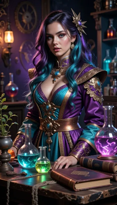 A gorgeous female alchemist in a colorful vintage laboratory. Her hair flows in deep violet and turquoise tones, with metallic copper makeup. She wears an ornate alchemist robe featuring the same color palette. The old wooden tables are filled with colorful glass flasks, glowing non-neon liquids, rare glowing plants, and old leather books completely integrated into the violet, turquoise, and copper scheme. Mystical atmosphere, enhanced realistic details, 8k.