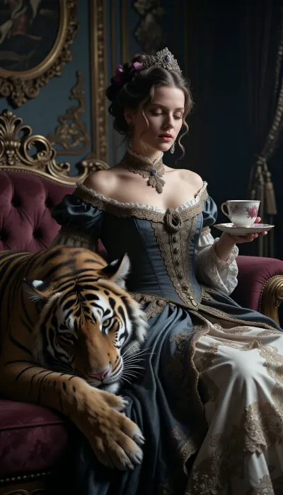 A stunning woman in a vintage Victorian gown calmly drinking tea in a luxurious, ornate living room. A massive, realistic Bengal tiger is resting its head peacefully on her lap like a pet. Moody chiaroscuro lighting, highly detailed, photorealistic, 8k.