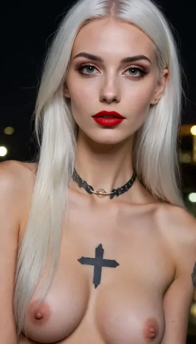 18 years old confident woman, giving a blojob, man has perfect penis, erection, epic penis, cock-sucking, very petite girl, very detailed, (extremely skinny), large boobs, epic boobs, sagging boobs, show tits, 18 year old woman, beautiful face, tall cheekbones, sharp cheekbones, red lips, oiled skin, sharp eyes, v shape face, side view, black eye shadow, black collar, long hair, very white hair, cross tattoo, (nighttime)