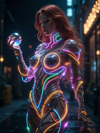 Picture a captivating, dreamlike scene, a glowing, (luminous female figure made of intricately woven multicolored wires:1.5), Long redhead hair, Holding a colorful glowing orb in her right hand, bathed in the radiant glow of neon lights, standing amidst the darkness of a city street. Describe the intricate details of this extraordinary image, including the subtle nuances of colour, texture, and atmosphere that evoke a sense of enchantment and mysticism around this striking, graceful figure, as if she were a living embodiment of electricity and wonder.