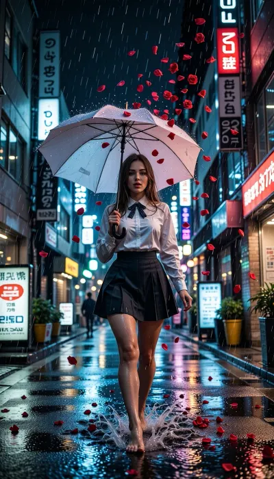 A beautiful woman walking with an open umbrella down a rainy Tokyo street at night under neon signs. Instead of water, thousands of glowing red rose petals are falling from the sky. Cinematic, vibrant colors, emotional and surreal atmosphere.