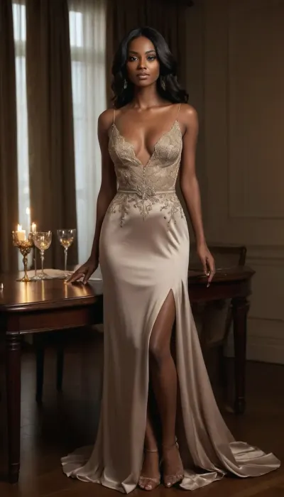 A glamorous dark-skinned woman in an opulent, dimly lit room, elegantly leaning over a polished wooden table while holding a martini glass. She wears an elegant, floor-length, flowing satin brief dress. The dress has a soft, muted taupe or light brown color. It has thin, adjustable spaghetti straps that cross slightly on the back. The neckline has a very deep V-shape and reaches below her belly button, giving the dress a touch of sophistication. Her back and the sides of her upper body are completely free of fabric and thus naked. The dress has a back and side-free design, It also has a very high and very wide skirt slit that starts at the level of her left waist and runs diagonally across her hip her lap, her pubic area down to her right foot to the floor. Which gives the dress a certain sophistication and extravagance. Furthermore, it is made of a delicate satin that allows her entire silhouette to shimmer through the dress. Her natural, large, slightly drooping breasts completely fill the very tight and extremely narrow top, which just covers her large areolas and nipples, so that her top is stretched very taut under her breasts and her areolas and nipples press through the fabric of the dress, leaving a distinct imprint. Man can see her breasts almost completely from the sides and in the middle in her extremely deep and extremely wide neckline as her top only covers her nipples. The most striking detail is the elaborate golden floral embroidery that adorns the dress. Embroidery focuses on parts of the top at the edges of the dress that run diagonally and extends to the hem. The floral patterns are delicate and ornate, with leaves, tendrils and small flowers in gold threads that contrast beautifully with the taupe satin fabric.
The dress has a slightly flared skirt that gives it a playful yet elegant silhouette. The fabric appears smooth and shiny and subtly reflects the light. The overall design is a blend of modern minimalism and classic elegance, perfect for a formal event or a stylish evening. Her long, straight black hair falls right down her back. Warm candlelight, crystal chandelier reflections and heavy draped curtains create a rich, cinematic atmosphere. High fashion editorial style, dramatic shadows, luminous...