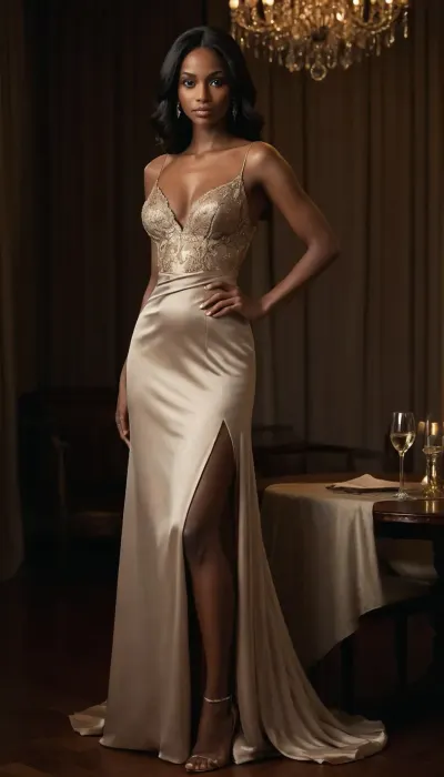 A glamorous dark-skinned woman in an opulent, dimly lit room, elegantly leaning over a polished wooden table while holding a martini glass. She wears an elegant, floor-length, tiling satin brief dress. The dress has a soft, muted taupe or light brown color. It has thin, adjustable spaghetti straps that cross slightly on the back. The neckline has a very deep V-shape that adds a touch of sophistication. Her back and the sides of her upper body are completely free of fabric and thus naked. The dress has a back and side-free design, it also has a very high and very wide skirt slit that starts at the level of her left waist and runs diagonally down over her hip to her right foot to the floor. Which gives the dress a certain sophistication and extravagance. Furthermore, it is made of a delicate satin that allows her entire silhouette to shimmer through the dress. Her natural, large, slightly drooping breasts completely fill the very tight and extremely narrow top, which just covers her large areolas and nipples, so that her top is stretched very taut under her breasts and her areolas and nipples press through the fabric of the dress, leaving a distinct imprint. Man can see her breasts almost completely from the sides and in the middle in her extremely deep and extremely wide neckline as her top only covers her nipples. The most striking detail is the elaborate golden floral embroidery that adorns the dress. Embroidery focuses on parts of the top at the edges of the dress that run diagonally and extends to the hem. The floral patterns are delicate and ornate, with leaves, tendrils and small flowers in gold threads that contrast beautifully with the taupe satin fabric.
The dress has a slightly flared skirt that gives it a playful yet elegant silhouette. The fabric appears smooth and shiny and subtly reflects the light. The overall design is a blend of modern minimalism and classic elegance, perfect for a formal event or a stylish evening. Her long, straight black hair falls right down her back. Warm candlelight, crystal chandelier reflections and heavy draped curtains create a rich, cinematic atmosphere. Highly fashionable editorial style, dramatic shadows, luminous skin, luxurious textures, intimate mood, Vogue-level photography