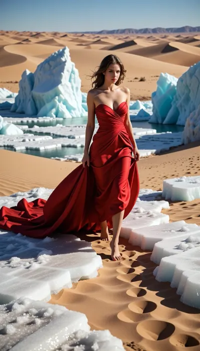 A beautiful woman in a dramatic red flowing gown walking through a vast desert. Instead of sand, the ground is made of crystal-clear ice shelves, with huge icebergs rising in the background under a hot sunny sky. Surreal contrast, high-fashion photography, vivid colors.