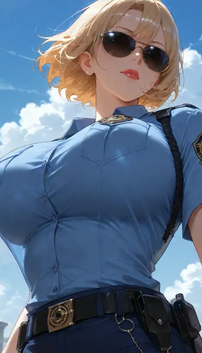 masterpiece, high detailed, police officer, police uniform, blue button-shirt, hourglass figure body, blonde woman, sunglasses, short hair, lipstick, upword perky giant breasts, hard_nipple under the shirt, upper body view, blue sky, cloud, wind, (low angle shot:.8)