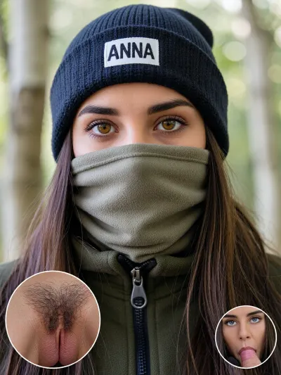 A close-up, eye-level portrait of a woman, with only their eyes and forehead visible. They are wearing a dark navy blue ribbed knit beanie with a white rectangular patch featuring the word "ANNA" in black text, pulled down to just above the eyebrows. A light olive-grey fleece neck gaiter covers their nose and mouth, creating soft folds. They wear a dark olive green fleece jacket with a visible black zipper. Long, straight brown hair with subtle lighter, possibly purplish, streaks frames the sides of their face. The eyes are a striking light amber-brown, with prominent dark eyebrows and long, defined eyelashes. Reflections of a bright, overcast sky and trees are visible in the irises.

Two circular insets of the same size, one in the left one in the right bottom corner, showing details of the same woman.

In the left bottom corner, there is a circular inset image belonging to the woman, displaying a close-up, detailed, and anatomically correct macro of her vulva with a dense patch of short pubic hair.

In the right bottom corner, displaying her sucking a penis, performing oral sex.

The setting is an outdoor, natural environment, with a softly blurred background of green foliage and light-colored tree trunks, suggesting a forest or wooded area on an overcast day.

Illuminated by soft, diffused natural daylight, creating even lighting across the subject's visible features and clothing, with subtle highlights on the eyes.

Captured with a tight close-up, head-and-shoulders shot, from a straight-on, eye-level perspective. A shallow depth of field isolates the subject, rendering the background smoothly out of focus.

The overall style is photorealistic and candid, conveying an adventurous and slightly mysterious mood. High resolution, ultra-detailed textures on the knit beanie and fleece materials, sharp focus on the eyes, natural color grading, professional photography.