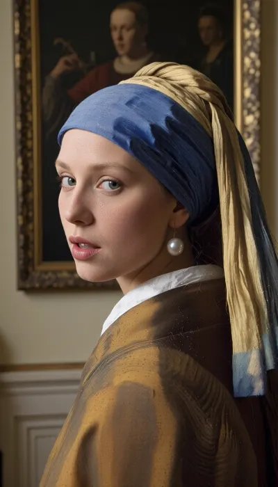 hyper realistic cinematic medium shot of a beautiful young woman who has materialized from Vermeer's Girl with a Pearl Earring painting, wearing the iconic blue and yellow headscarf and large pearl earring, soft natural lighting, standing in front of the original painting hanging on the wall in an elegant interior, highly detailed realistic skin and fabric textures, 8k