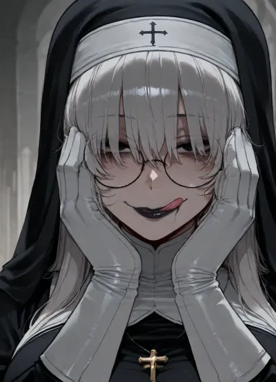 (Ratatatat74), (nun, (large round glasses), white hair, hair over eyes, dull lifeless eyes, cold black eyes, gloomy eyes, eye bags, black lipstick, sly smile, licking lips, large breasts, gloves), solo, hands on face, looking at viewer, <lora:ratatatat74-000050:2>