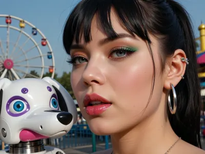 GOLN BULJ, Everything is visible We can both be seen in the frame against the background of the amusement park, am Rex, watching for wanted AI woman., (I am an electronic Aibo named Rex:1.3), .
I serve in the K-9 unit.
I was tasked with finding an escaped AI copy. which created the illegal cybernetic body of a woman who used cloning and nano technology in electronics.
external signs, Asian type aged from 35, ponytail hairstyle with bangs., medium height, long beautiful legs, slightly larger blue eyes, mini breasts with erect nipples with purple halos and pierced nipples with platinum rings, very tight pink pussy also with piercing in the form of platinum rings. make-up with long eyelashes is blue, lush lips are red with a glossy color with a pink outline smoothly turning into red, green eye shadow.
I, Rex, am nearby, observing the object. Completely naked