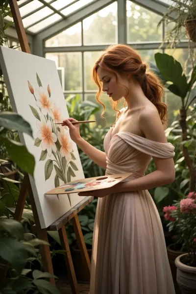A masterpiece—a cinematic picture with many details in 8K image quality, A beautiful redhead woman embodying timeless elegance is painting a flower inside a lush greenhouse filled with vibrant greenery and delicate flowering plants. She is dressed in an elegant, flowing pastel-colored dress that drapes softly around her slender figure, exuding serenity and artistry. Her hair is styled in loose, romantic waves, framing her gentle, She carefully paints detailed flowers onto her canvas — her eyes closed in concentration — to capture the beauty of the flower. The woman's posture is poised yet natural, with one hand she hold a painting color palette while the other holds a fine brush, capturing the fine details of the blooming flower. The greenhouse is bathed in warm, dappled sunlight filtering through glass panels, creating a dreamy, luminous atmosphere. Surrounding her, various exotic plants and vibrant blossoms add rich textures and color contrasts, enhancing the scene’s lush, nurturing environment. The composition is a balanced close-up view that highlights the woman's artistic aura and the beauty of her gentle movements. The scene radiates tranquility, inspiration, and harmony with nature, styled in a romantic, impressionistic manner with soft lighting that emphasizes the delicate beauty and serenity of the moment.