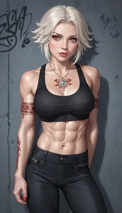 A tall 28-year-old woman with a muscular, athletic build and intricate tattoos covering her arms, chest, and shoulders from Picture 1. She has striking white hair with red streaks, intense crimson eyes, and a face currently showing a mix of raw shock and fragile, overwhelming hope. Her expression is the focal point, with eyes wide and glistening from recent tears that have left tracks through the grime on her cheeks. She is wearing a black sports bra and black cargo pants, her powerful physique standing tall yet visibly trembling as she holds onto the person before her. Her posture is no longer aggressive, she has pulled back slightly from a crushing embrace to stare with disbelief at the young man she loves, her calloused hands resting with newfound tenderness on his shoulders.

Richard, a young 22-year-old man with pale skin and short ash-blonde hair, stands directly in front of her, his slender, non-muscular frame contrasting sharply with her imposing, muscular stature. He looks at her with a calm, steady, and honest expression, his hands resting gently on her waist as he leans in to offer her freedom and companionship. The atmosphere of the prison courtyard is heavy and silent, with the grey, graffiti-covered concrete walls and distant iron bars of the cellblock visible in the background, out of focus. Soft, directional natural light filters down into the yard, highlighting the emotional intensity of their faces and the stark contrast between their builds.

Photorealistic drawing, 32K, immense detail, cinematic lighting, ambient occlusion, detailed skin texture, perfect contrast, octane-engine, focused composition, intimate and emotional atmosphere, high-quality rendering.