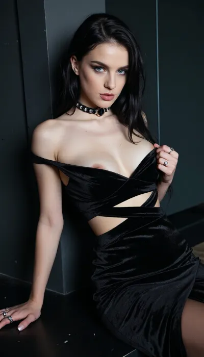 Dark Beauty. A young, fair-skinned model with long black hair and intense blue eyes poses in a contemporary Gothic setting. She wears a black velvet dress with elegant cutouts, an onyx choker, and silver rings. Leaning against a dark wall, her head slightly tilted and her gaze piercing, she pulls the top of her dress down to reveal her breasts, creating a mysterious and seductive composition.