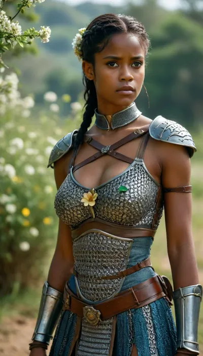 A woman in chain mail, Letitia Wright, combat armor, miniskirt, slender, tanned, gorgeous, slim waist, (large breasts:1.3), cute body, navel, shoulders, flowers and birds, rounded samurai girl, green, eyes, blue, brown, perfecteyes, <lora:Portrait_perfection:.8>, <lora:PerfectEyesXL:.8>, <lora:MJ52:.8>