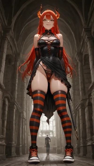 Milo Manara style erotic art, full-length shot from an extreme low-angle perspective looking up, frog's-eye view. A stunningly beautiful young witch stands with her back to the camera, looking over her shoulder at the viewer with a sly, playful, cunning smile and captivating green eyes. She has vibrant fiery-red hair in a messy, textured wolf cut, and pale, porcelain skin. She is wearing an ultra-short, extremely tight black sheath dress, the hemline is so short that due to the low-angle perspective, it completely exposes her round, shapely buttocks, revealing she is wearing delicate orange lace thong underwear. On her legs, she wears thigh-high socks with bold horizontal black and purple stripes. On her feet are bright orange Converse sneakers. Gothic dark fantasy background, dim moody lighting, medieval stone arches, occult atmosphere, emphasis on perspective, highly erotic, masterfully defined anatomy, clean line art, comic book ink and watercolor aesthetic