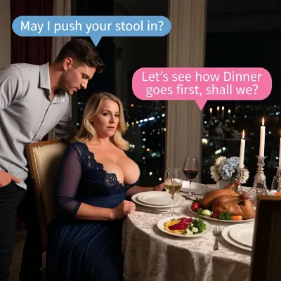 At night in a posh apartment looking out over the lights of the city, a fat mature busty blonde woman has created a romantic dinner for two. She is wearing a low cut diaphanous dark blue gown with lace edging. The table is laid with a nice tablecloth, flowers, lit candlesticks, glasses of wine, two plates of vegetables and a steaming whole roast chicken. Her smart casually dressed boyfriend is standing behind her chair as she leans forward and readies herself to sit down at the table ready to dine. Blue text box at top left “May I push your stool in? “, pink text box at mid right “Let’s see how Dinner goes first, shall we? “. chiaroscuro