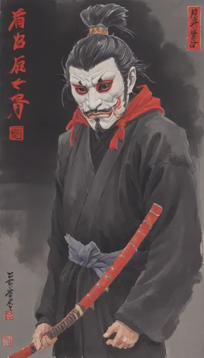 woman, Ukiyo-e Art, warrior ninja man, (in dark grey Shinobi-shozoku, Shinobi-Zukinand, shinobi mask:1.5), print style of hokusai fine art style of kanagawa painting /relax, UtagawaKuniyoshiXL, hu4lu, baishi, style, of, Qi, Baishi, <lora:Ukiyo-e Art:1>, <lora:UtagawaKuniyoshiXL_v1:.5>, <lora:hu4lu:.5>, <lora:baishi_xl_0_-000004:1.4>, <lora:tbh170-sdxl:1.4>