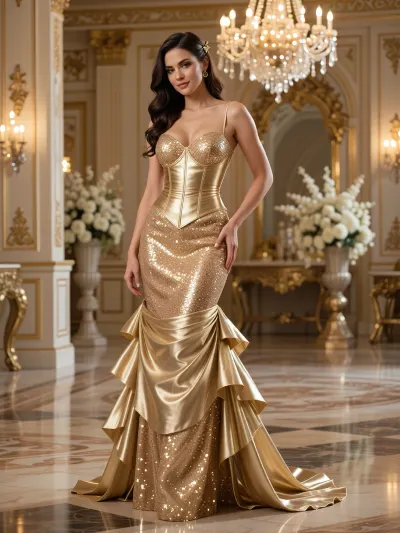masterpiece, best quality, ultra-detailed, 25yo adult female, elegant heart-shaped face, soft jawline, shimmering gold-toned makeup, poised expression, hourglass figure, full body fashion portrait, standing gracefully in a grand ballroom, weight shift to one leg, one hand resting on a hip, head tilted slightly with a serene smile, long mahogany waves intricately styled in a half-up half-down gala look with small gold hairpins, opulent floor-length debutante gown, (shimmering gold sequins:1.2), covering the bodice and skirt, structured metallic gold fabric corset waist, delicate spaghetti straps, cascading layers of gold pleated metallic silk at the hem reflecting light with every fold, luxurious baroque ballroom, polished marble floors, towering crystal chandeliers casting a warm golden glow, blurred background of white floral arrangements and gold-leafed columns, cinematic chiaroscuro lighting, soft key light highlighting the metallic sheen of the dress and porcelain skin texture, 8k resolution, high-fashion professional photography, 50mm lens, shallow depth of field, rich gold and cream color palette
