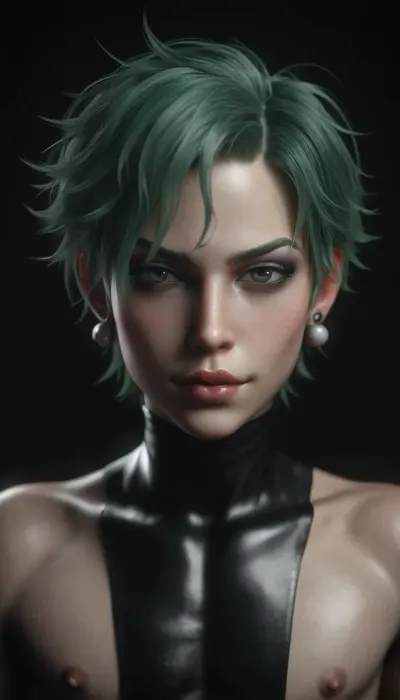 portrait showing, At 24 years old Krowly is one tall greenhaired boy, he is youthful and his short hair is dark metallic-green. Krowly has a long lean torso and a slender skinny bodyshape. Krowly is unexperienced and has no clue that girls adore his androgynous grace, males adore his female beauty and innocent aura. Very full bimbolips, shy smirk. Very female face on his male body. pearl earring, long frenchnails close_up_detailed_shot_of1, CGSTYLE, <lora:CgiAnime:1.5>, <lora:dark:.8>
