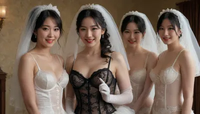 Victorian style, full body, group of 3, 50 years old japaneses, bridal lingerie, 19e english brothel, visible pussy, hairy pussy, devil smile, veil, gloves