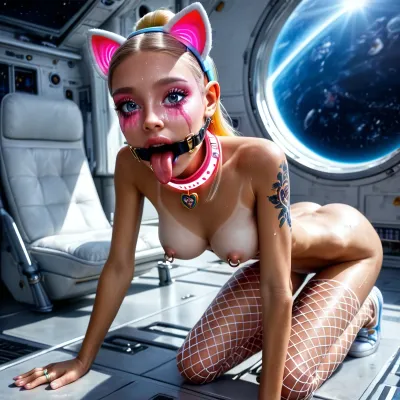(spacecraft white large control room:1.4), ((closeup narrow very beautiful innocent looking face view:1.8)), (young low skinny girl with fake implanted spherical big breasts:1.6), (on knees and elbows:1.7), (upper body forward down:1.5), (perfect:1.5), (skinny very flat ass up a little:1.5), (small very beautiful petite woman:1.5), (young Ukrainian model cutie:1.4), (sweaty:1.1), ((short stature slender fit skinny body:1.7)), ((small thin waist:1.7)), ((very large distance between legs:1.7)), (very wide very low pelvic:1.4), (wide shoulders:1.7), (very shapely legs very spread apart:1.7), (nipple ring piercings:1.3), ((detailed beautiful blue-dark eyes:1.7)), (perfect glowing light pink thin lips:1.5), (light white electronic wide mouth spreader ring gag:1.7), ((very wide thin extremely long wide smooth light tongue out down:1.8)), ((round tongue's end:1.6)), (wide open big mouth:1.7), (light blonde with rainbow smooth silky straight hair ponytail:1.5), ((very large distance between rounded spherical breasts:1.7)), (tan fair skin:1.5), (thin beautiful eyebrows), (very gorgeous:1.5), (sexy:1.4), (satisfied:1.6), (glowing white fake small short cat ears:1.4), (glowing pink massive very oversized electronic collar device:1.7), (tattooed body:1.4), (glowing tattoos:1.3), (seductive sexy makeup:1.5), (very long eyelashes:1.5), lipstick, (stunning:1.3), (dimples:1.4), (white sneakers:1.3), (glowing pink fishnet stockings:1.5), (on white soft mat:1.3), (many children's toys:1.5), (masterpiece), <lora:Microwaist_XL_v01:1.5>