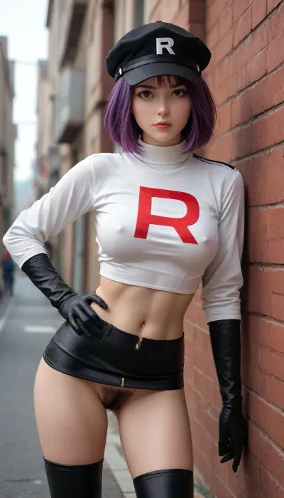 highly photorealistic, ultra-detailed cinematic portrait of the female Team GO Rocket Grunt from Pokémon GO. She has a sharp, determined gaze, and a subtle smirk that conveys arrogance and rebelliousness. Her appearance faithfully reflects the original Pokémon GO character design. She is a busty and a sporty trained body with a perfect bubble but.

She wears the iconic grey Team GO Rocket uniform with a bold red letter “R” prominently displayed on the chest, a tight dark grey top, a dark grey micro skirt, black gloves, and dark grey thigh high boots. Her outfit features realistic fabric textures, detailed stitching, subtle wrinkles, and natural signs of wear., (purple hair:1.2), flat cap, purple bob haircut, carefully styled to match the original character, with individual strands of hair visible in incredible detail. Her makeup is subtle but striking, emphasizing her eyes and giving her a tough, self-assured appearance. Her skirt is slightly pulled up an shows her pubic hair, (hairy crotch:1.2), . Her top shows buckles from her erect nipples.

She stands in a dramatic, confident pose with one hand resting on her hip and the other hanging casually at her side. Her body language radiates authority, mystery, and menace. Her facial features are realistic and naturally proportioned, with visible skin pores, fine facial hairs, subtle imperfections, realistic skin texture, and lifelike eyes with detailed reflections.

The setting is a dimly lit urban environment, featuring a deserted alley, dark concrete walls, faint graffiti, and subtle red ambient lighting. Soft fog drifts through the background, while cinematic red and cool blue light sources create dramatic highlights and deep shadows. The background is slightly out of focus, with realistic depth of field and atmospheric perspective.

Shot on a professional full-frame DSLR camera with an 85mm portrait lens, f/1.8 aperture, natural skin tones, physically accurate lighting, global illumination, ray-traced reflections, realistic shadows, cinematic color grading, HDR, extremely detailed textures, sharp focus on the face and uniform, subtle film grain, 8K resolution, lifelike proportions, realistic anatomy, professional photography, dark cinematic atmosphere, indistinguishable from a real photograph.

No cartoon aesthetics, no anime style, no illustration, no CGI appearance, no plastic skin, no exaggerated proportions, no distorted anatomy, no blurry facial features, no extra fingers, no text except the iconic red “R” logo on the uniform and on her cap.