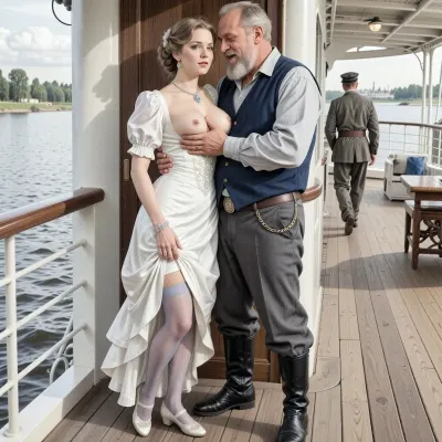 This is a detailed monochromatic colorful pencils drawing in a classical illustrative style depicts a scene set in Russian Empire in 1910s, traveling by steamer on the river, in the left part of the picture, in the shadow around the corner of the steamer's superstructure, there is a very beautiful noble Countess Anna, 30 years old, and a obese bearded merchant Ivan 70 yo, who hugs her and roughly imperiously paws her developed sagging breasts with his hands, Anna is dressed in a beautiful white rich dress with the hem turned up, her silk stockings is visible, she is wearing shoes, jewelry, slender, elicate noble facial features, expressive blue eye, slightly smile, merchant Ivan is dressed in a loose gray shirt, a dark blue vest with a pocket watch chain, dark gray wide trousers and black boots, merchant Anton mockingly laughs at her, in the right part of the picture in the background, a officer strolling along the deck with his back to them, he does not see Anna and Anton hiding around the corner.
