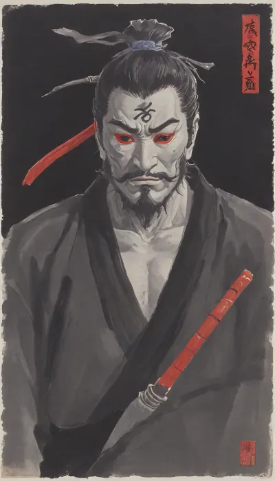 woman, Ukiyo-e Art, warrior ninja man, (in dark grey Shinobi-shozoku, Shinobi-Zukinand, shinobi mask:1.5), print style of hokusai fine art style of kanagawa painting /relax, UtagawaKuniyoshiXL, hu4lu, baishi, style, of, Qi, Baishi, <lora:Ukiyo-e Art:1>, <lora:UtagawaKuniyoshiXL_v1:.5>, <lora:hu4lu:.5>, <lora:baishi_xl_0_-000004:1.4>, <lora:tbh170-sdxl:1.4>