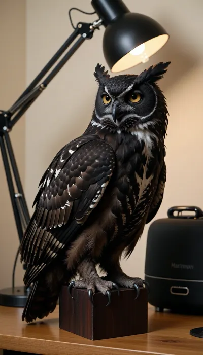 a majestic realistic black owl brought to life, perched on a dark wooden pedestal on a wooden desk, with a black articulated desk lamp glowing warmly nearby and a black Harman Kardon speaker in the background, detailed feathers, intense golden eyes, soft warm lighting, photorealistic, cinematic atmosphere