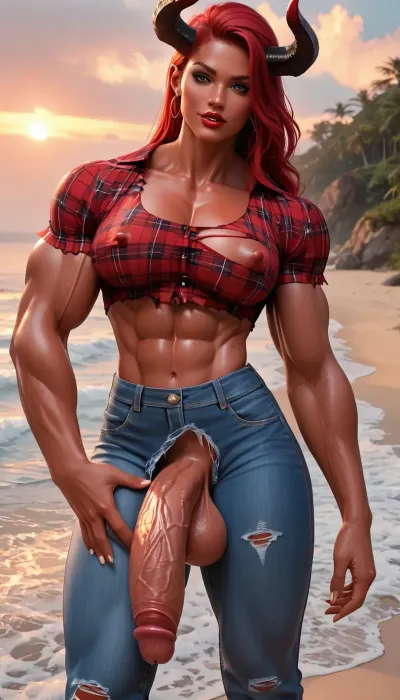 futanari crimson skinned androgynous demon-bull, (supermodel female face with long horns), red skinned massive muscles, big bulge, male only, gigantic futa-cock, veiny penis, dark crimson skin, hyper muscled chest, hyper pectoral muscles, big pecs, hyper bulky, big nipples, vascular veins, micro waist, small ass, recline sexy, shiny skin torn red plaid shirt, jeans, torn shirt, female devil's face, touched by many hands, masturbating hyper girthy penis, grabbing muscles, gay only, eros-pose, red sky, red-beach in hell, red sand, fire and brimstonea on beach, ocean of lava, <lora:Blight_Nox__Horror__Style:1.4>