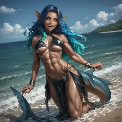 Mak0_mgi, gradient hair, blue hair, long hair, shark fins, navel, looking at viewer, black clothes, underboob, pelvic curtain, detailed face, orange eyes, slit pupils, monster girl, shark tail, shark mermaid, muscular female, sharp teeth, full body, open mouth, smile, beach, horizon, ocean, <lora:dark:.8>, <lora:Fantasy with epic details - XL SDXL v1.0:2>
