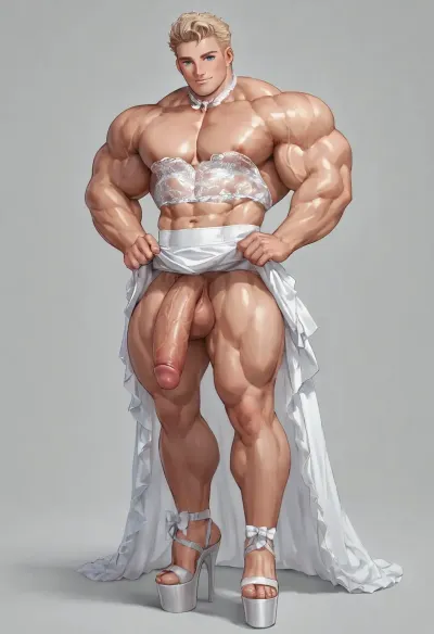 only 2men, gay, very muscular-slender and tall, tall 2man, both wearing bridal dresses, 26 years old, very tall bodybuilders, both bodybuilders are clad in white weddingdresses lifting their skirts, and show their very large penises, (gaybrides with hyper shoulders), (gaybrides with huge cocks), flat, chested, big, muscle, large, hyper, huge, thick, limbs, thighs, arms, (ultra high, platform heels), <lora:flat_chested_v3.5:.8>, <lora:bodybuilder:2>
