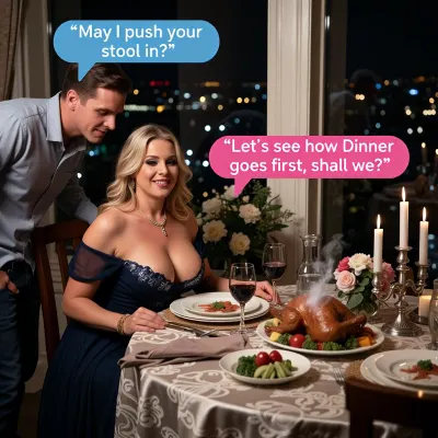 At night in a posh apartment looking out over the lights of the city, a fat mature busty blonde woman has created a romantic dinner for two. She is wearing a low cut diaphanous dark blue gown with lace edging. The table is laid with a nice tablecloth, flowers, lit candlesticks, glasses of wine, two plates of vegetables and a steaming whole roast chicken. Her smart casually dressed boyfriend is standing behind her chair as she leans forward and readies herself to sit down at the table ready to dine. Blue text box at top left “May I push your stool in? “, pink text box at mid right “Let’s see how Dinner goes first, shall we? “. Both smiling, chiaroscuro