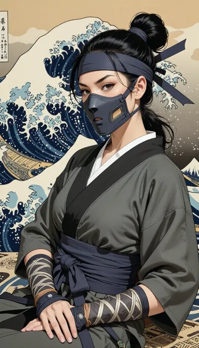 woman, Ukiyo-e Art, warrior ninja woman, (in dark grey Shinobi-shozoku, Shinobi-Zukinand, shinobi mask:1.5), print style of hokusai fine art style of kanagawa painting /relax