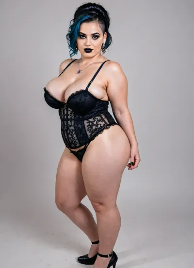 short chubby goth. big ass, big belly, big tits, burlesque, dress, <lora:xl_burlesque_dress-1.0:1.9>