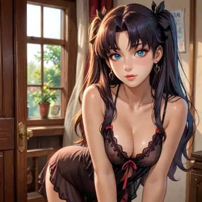 rin tohsaka from fate zero dross style reiq, (high resolution), Noelle from Genshin Impact, mid 30s, fair skin, slender, narrow face, freckles, tattoos, large breasts, erect nipples, transparent black lace babydoll, cleavage, no bra, slightly bending forward, view down her shirt, <lora:add-detail-xl:1.2>, <lora:attractive_notrigger:1.2>, <lora:detailed_notrigger:1.2>, <lora:LCMTurboMix_Euler_A_fix:1.2>